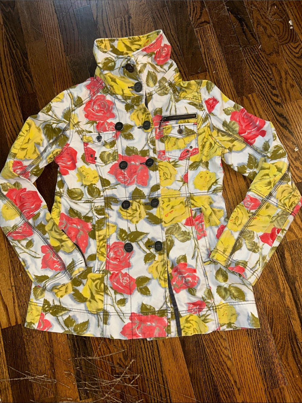 Hurley Floral Double-Breasted Jacket in White, Yellow & Coral